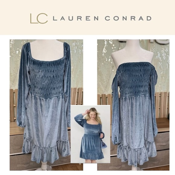 LC Lauren Conrad Dresses & Skirts - NWT LC Lauren Conrad Velvet Dress - BLUE Smocked Ruffle Women Size L - midi